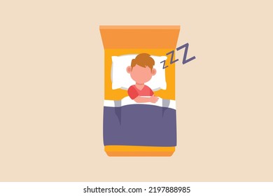 Top view cute Little boy sleep in bed room. Sleep activity concept. Colored flat graphic vector illustration isolated.