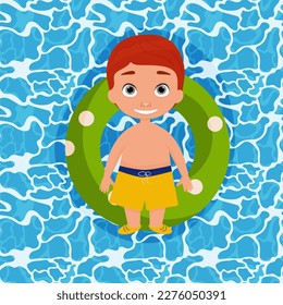 Vista superior de un niño lindo flotando en un círculo verde inflable en el mar. ilustración vectorial. vacaciones de verano