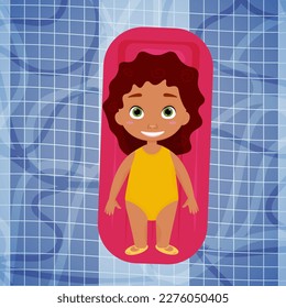 Top view of a cute little girl in a yellow swimsuit swimming on an inflatable mattress in the pool. summer holidays. Vector illustration.