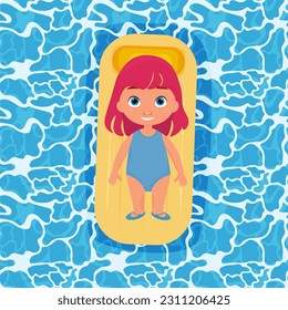 Top view of a cute little girl floating on an air mattress on the sea. vector illustration. summer holidays	