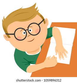 Top view of cute little nerd boy with glasses doing his homework