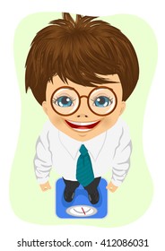 top view of cute schoolboy with glasses weighing himself on a bedroom scale
