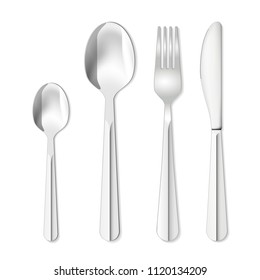 Top view cutlery set of stainless fork, spoon and knife - isolated on white background. Vector illustration.