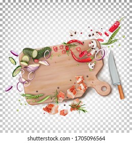 Top view cutting board with knife, vegetables, pieces of meat. Cooking. Flying cucumbers, onions, chili, peas, meat, mushrooms, rosemary. Background for the menu.