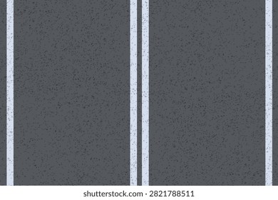 Top view dark asphalt road texture with vertical white lane markings, rough pavement surface and empty copy space. View from above. Aerial.