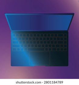 Top view of a dark laptop with glowing blue neon light on a purple gradient background