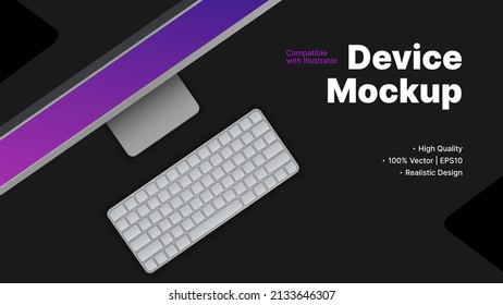 Top View. Dark Theme. Computer Advertisement Mockup. Realistic Design. Vector illustration