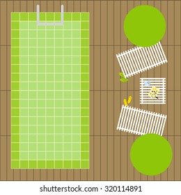 Top view of deck chairs, two decorative round trees, table with breakfast on tray and magazine, two pairs of slippers, swimming pool of green tile, wooden flooring. Flat style illustration. Flat lay