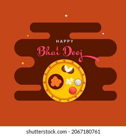 Top View Decorative Plate Of Bhai Dooj Festival On Orange And Brown Background.