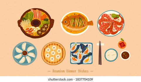 Top view of delicious Chinese traditional dishes isolated on beige background, Translation: Auspicious