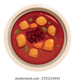 Vista superior de una deliciosa sopa de tomate caliente con patatas, zanahorias, hierbas y especias, servida en un tazón blanco