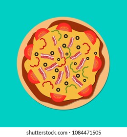 Top view delicious italian pizza with bacon, cheese, tomato and other ingredients. Flat style icon vector illustration