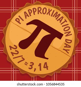 Top view of a delicious pie with pi symbol, with the date like a fraction and sliced in the middle showing the diameter over squared tablecloth for Pi Approximation Day.