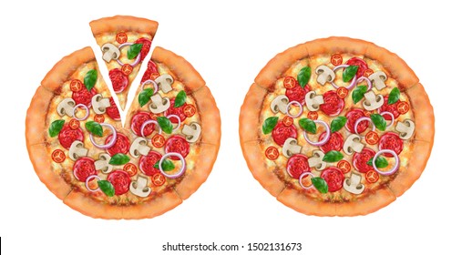 Top view of delicious pizza on white background in 3d illustration