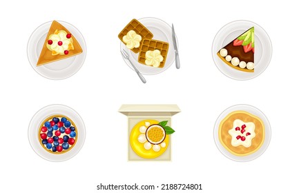 Top view of delicious sweet desserts set. Cupcake, waffle, piece of pie vector illustration