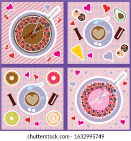 Top view of the delicious Valentine's day Breakfast table. Cute, sweet cards for the holiday of all lovers