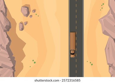 Top view of a desert landscape with a straight paved road, yellow dotted lines and a large truck. Surrounded by sandy terrain and rocks on both sides. Aerial. View from above.