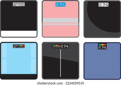 Top view design of six digital scales with weight and body mass index indicators.