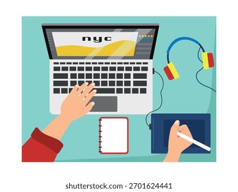 Top view of a designer working on drawing, with a desk focused on the task at hand. Character design. Vector flat illustration
