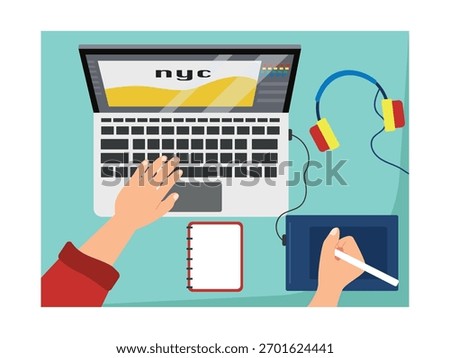 Top view of a designer working on drawing, with a desk focused on the task at hand. Character design. Vector flat illustration