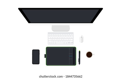 Top view designer workspace with PC, keyboard, phone, graphic tablet and stylus, coffee mug, computer mouse, isolated on white background. Vector illustration