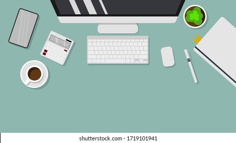 Top view of desk background with laptop, digital devices, office objects and books, Flat design