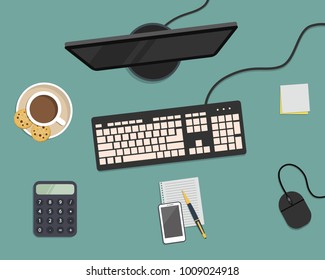 Top view of a desk background. There is a monitor, keyboard, mouse, smartphone, calculator and other stationery on a blue background. Also there is a cup of coffee with cookies here. Vector image