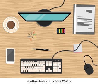 Top view of a desk background. There is a computer, smart phone, gray folder, stationery and cup of coffee on a wooden background. Vector flat illustration