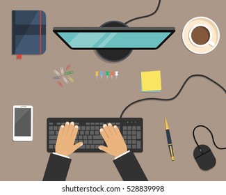 Top view of a desk background. There is a computer, smart phone, daily planner, stationery and cup of coffee on a brown background. There are hands on the keyboard in the picture. Vector illustration