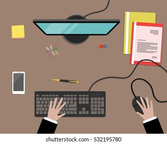 Top view of a desk background. There is a computer, smart phone, folders and other stationery on a brown background. There are also hands on the keyboard in the picture. Vector illustration