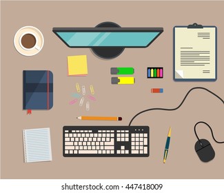 Top view of a desk background, where there is a monitor, keyboard, computer mouse, office objects, stationery, documents and cup of coffee. Flat design vector illustration
