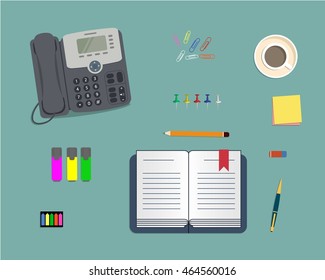 Top view of a desk background, where there is a phone, office objects, stationery, notebook and cup of coffee. Flat design vector illustration