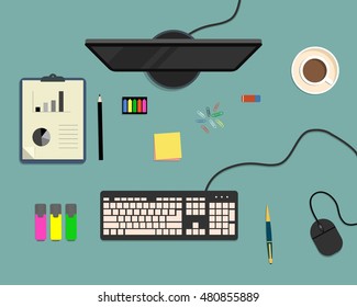 Top view of a desk background, where there is a monitor, keyboard, computer mouse, office elements, stationery and cup of coffee