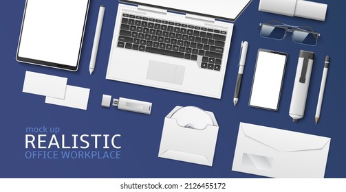 Top view desk banner. Realistic office workplace. White gadgets. Devices and stationery mockup. Visit cards. Tablet or laptop. Letter envelope. Blank items template