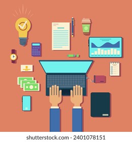 Vista superior del escritorio con caja de herramientas de la empresa. Ilustración vectorial de laptop, tablet, smartphone, relojes, bolígrafo, documentos, dinero. Empresario trabajando en computadora