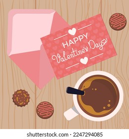 Vista Superior Del Escritorio Con Café, Cañones E Ilustración De Vector De Postales De San Valentín En Estilo Plano