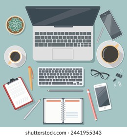 Top view of a desk with a computer, notepad, coffee cup, smartphone, pens and pencils, clips, home plant. Vector illustration in flat style, template for business