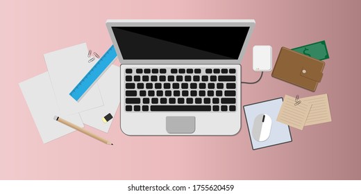 Top view desk, Creative vector design, Computer for general work such as office work or expense analysis.