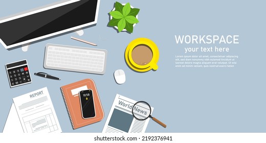 Top view desk design, Workplace for business management with copy space, Flat vector design illustration.