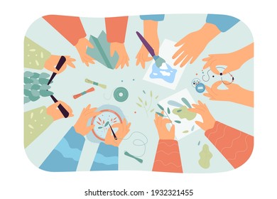 Top view of desk with handmade works of art. Children knitting, scrapbooking, sewing, embroidering, painting in craft workshop. Creative vector illustration for DIY, craftwork, hobby concept