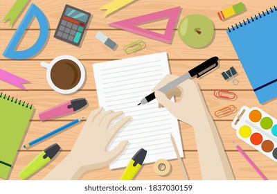 Top view of desk with human hands writing in notebook, flat vector illustration. School child or student table with stationary and hands of studying pupil.