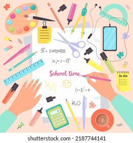 Top view of desk with human hands writing in notebook and school supplies. School time. Colorful set of school objects arranged on a desk from top view. Vector illustration.