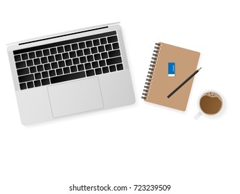 Top view desk with laptop computer notebook, pencil and a cup of coffee isolated on white background