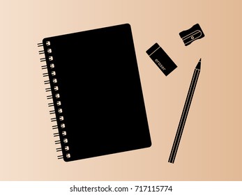 Top view desk with notebook pencil sharpener and eraser in monochrome black and white vector