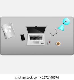Top view desk office realistic vector background