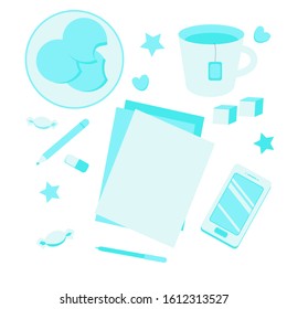 Top view of the Desk. Sheets of paper, a mug of tea, a pen, pieces of sugar, candy, a smartphone are on the table.