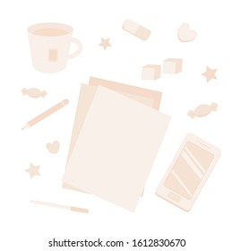 Top view of the Desk. Sheets of paper, a mug of tea, a pen, pieces of sugar, candy, a smartphone are on the table.