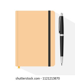 Top view desk of Spiral Notebook and Pen isolated on white background, Flat design Vector Illustration.