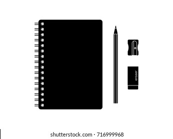 Top view desk of stationery objects in black and white vector. spiral notebook, pencil, eraser, and sharpener isolated on white background