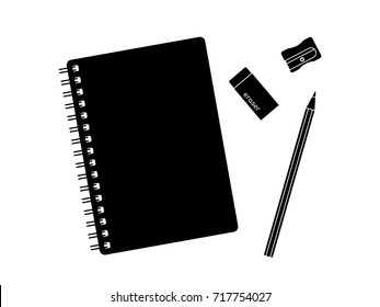 Top view desk of stationery set in black and white vector. spiral notebook, pencil, eraser, and sharpener isolated on white background